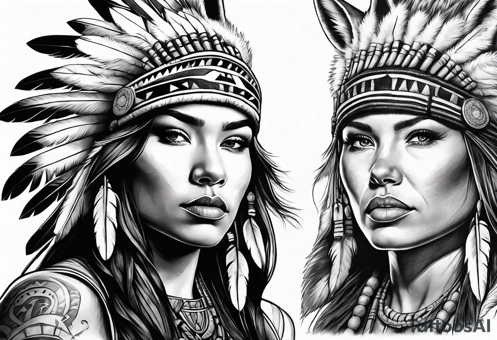 Female Native American warrior with wolf head hat tattoo idea Female Native American warrior with wolf head hat tattoo idea