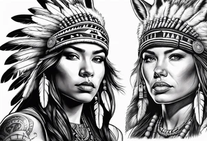 Female Native American warrior with wolf head hat tattoo idea