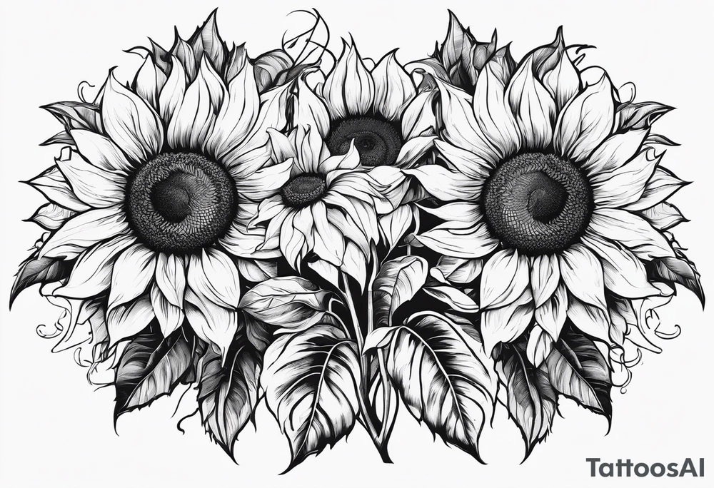 Beautiful symmetrical sunflowers with the word NAJE in the middle tattoo idea