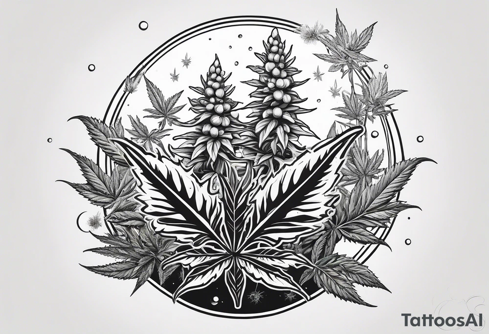 Minimal line art of cannabis plant from base to top with buds blooming. Around it are other plants like pothos leaves and mushrooms about to fruit. Incorporate the solar cycle and lunar cycle tattoo idea