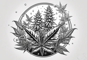 Minimal line art of cannabis plant from base to top with buds blooming. Around it are other plants like pothos leaves and mushrooms about to fruit. Incorporate the solar cycle and lunar cycle tattoo idea