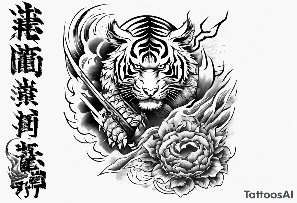 tiger warrior with lightning and the sun for a forearm sleeve tattoo idea