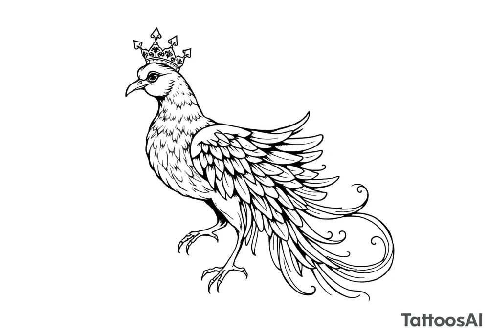 Pheonix wearing a crown with flowy long tail tattoo idea