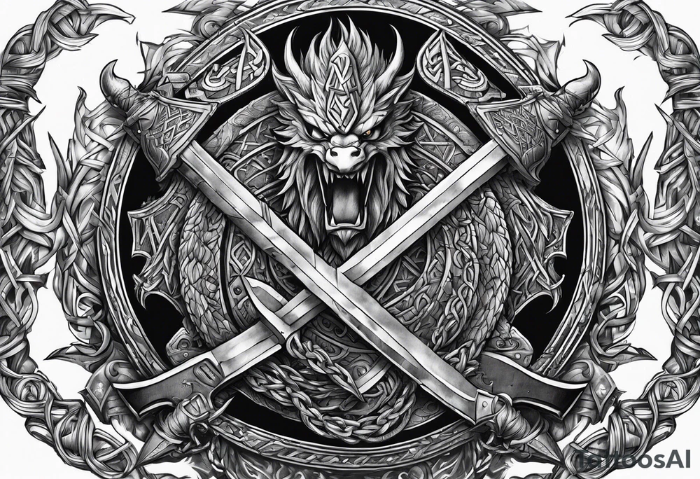 Valhalla sword shield dragon axe Valknut barbed wire chains tattoo idea Valhalla sword shield dragon axe Valknut barbed wire chains tattoo idea