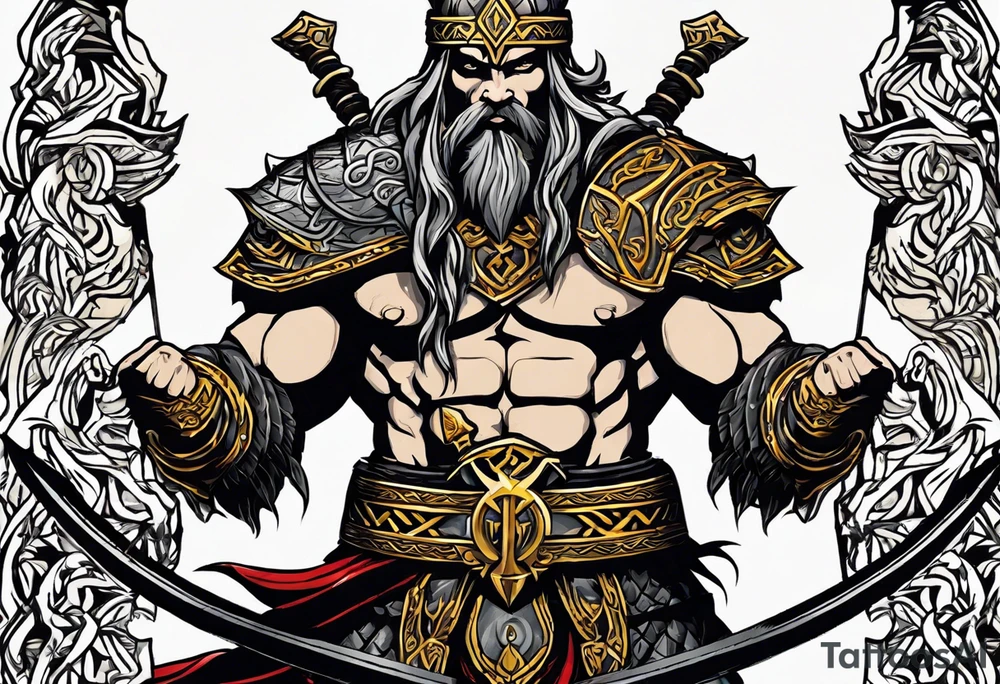the norse symbol of Tyr, the god of war and order, with a full body figure of tyr in the middle of symbol. The right hand being bitten by a wolf bound in golden chains and the left hand holding a sword. tattoo idea