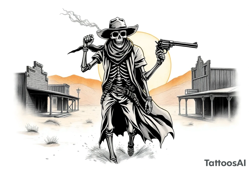 In the heart of a ghost town swallowed by the desert, a lone figure strides through the dust — a skeletal gunslinger risen from legend. Sun-bleached bones glint beneath his tattered duster, and wind whips around him like whispers of forgotten duels. With one bony hand, he pulls down a worn bandana, revealing a grinning skull locked in a permanent, menacing sneer. In the other hand, he raises a heavy, timeworn revolver, smoke coiling from its barrel as if it remembers every soul it's sent to the underworld. Behind him, the desert sky burns with the fire of a setting sun, casting long shadows of death and justice. tattoo idea