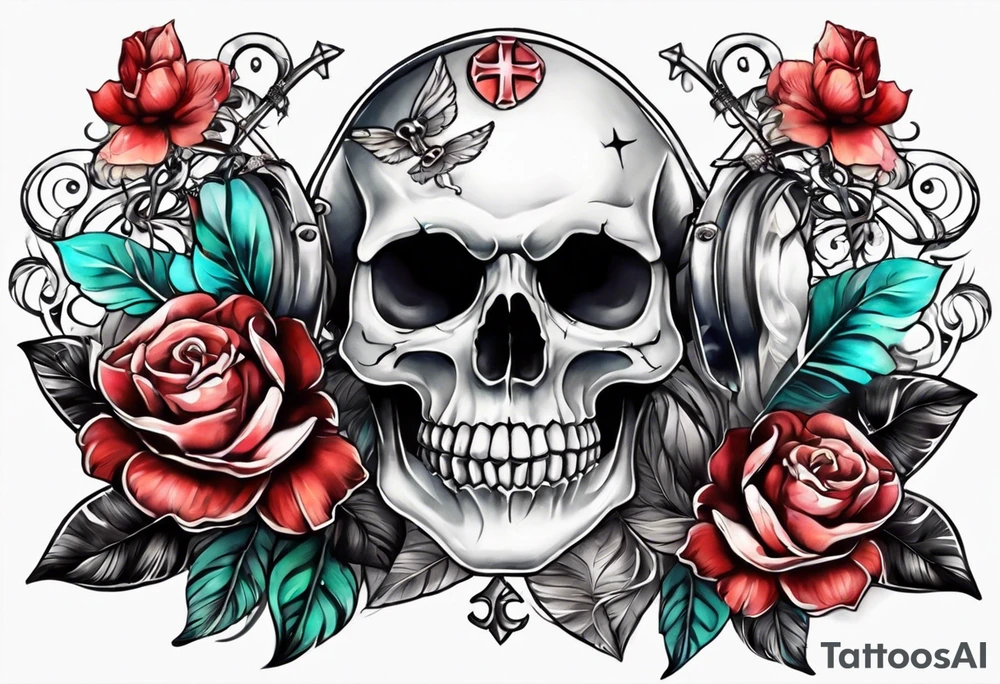 feminine skull and cross bones with two buns tattoo idea