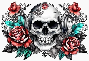 feminine skull and cross bones with two buns tattoo idea