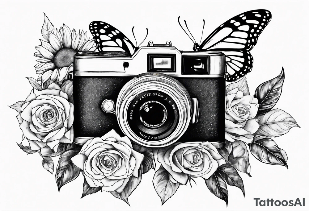 Book, sunflower, camera, butterfly, flower rose tattoo idea Book, sunflower, camera, butterfly, flower rose tattoo idea