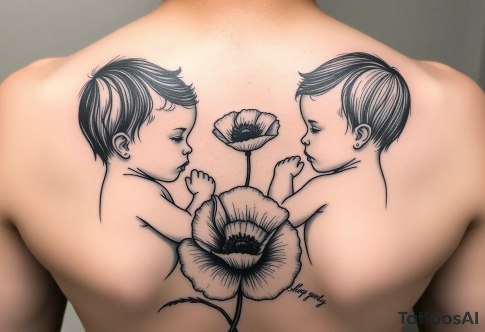 Two baby girls being held my mother with poppy flower tattoo idea