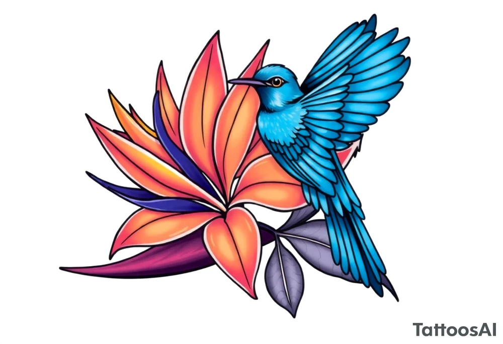 Bird of paradise flower with blue bird tattoo idea