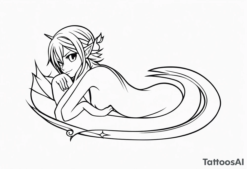 No color fairy with a tail inspired by the logo of the anime show called Fairy Tail in a fetal position leaning in and forward while sleeping tattoo idea