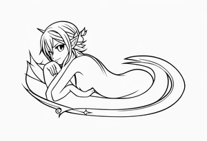 No color fairy with a tail inspired by the logo of the anime show called Fairy Tail in a fetal position leaning in and forward while sleeping tattoo idea