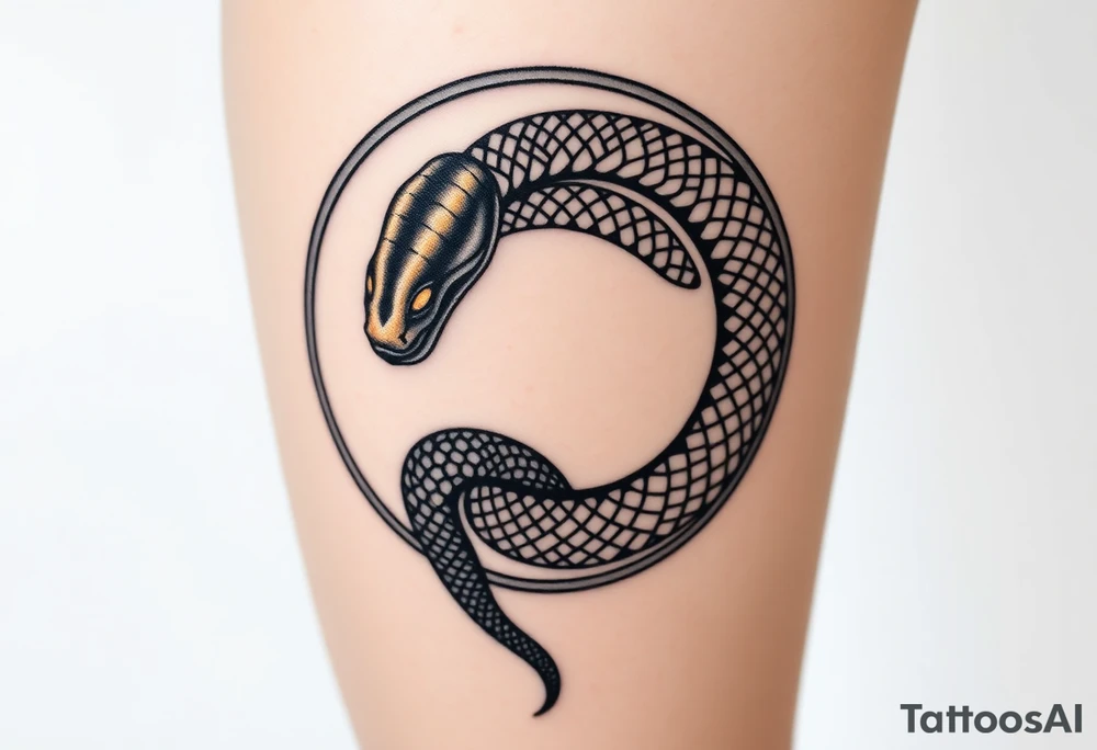 A highly detailed black and gold Ouroboros snake in cyrcle, with intricate scales and glowing eyes tattoo idea