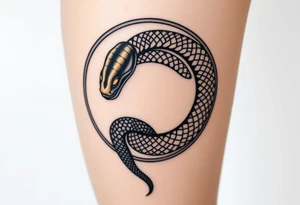 A highly detailed black and gold Ouroboros snake in cyrcle, with intricate scales and glowing eyes tattoo idea