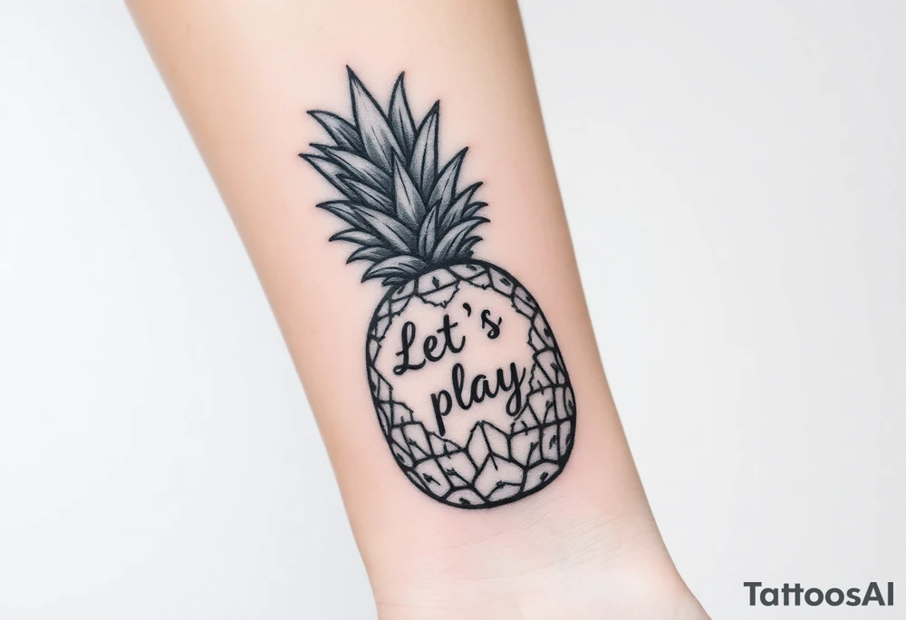 A black ink wrist tattoo featuring a realistic yet minimalistic pineapple. The pineapple is finely detailed with clean, precise lines, capturing the natural texture of the fruit while keeping the design subtle and uncluttered. Inside the body of the pineapple, the phrase "Let's play" is clearly placed in a bold but not overly thick font, ensuring readability while maintaining balance with the overall design. The leaves of the pineapple have a fine-line style with slight variations in thickness for a natural feel. The tattoo blends fine details with subtle bold elements, creating a clean and modern aesthetic. tattoo idea