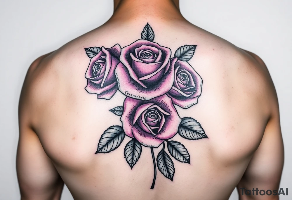 Create a rose tattoo with 3 roses add purple and pink also add black and make it bold
Roses without the stem tattoo idea