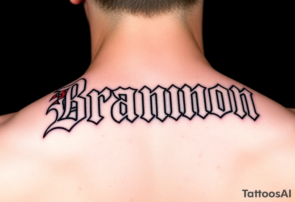 Old English lettering with red bandana accents spelling Brannon tattoo idea