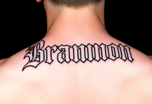 Old English lettering with red bandana accents spelling Brannon tattoo idea