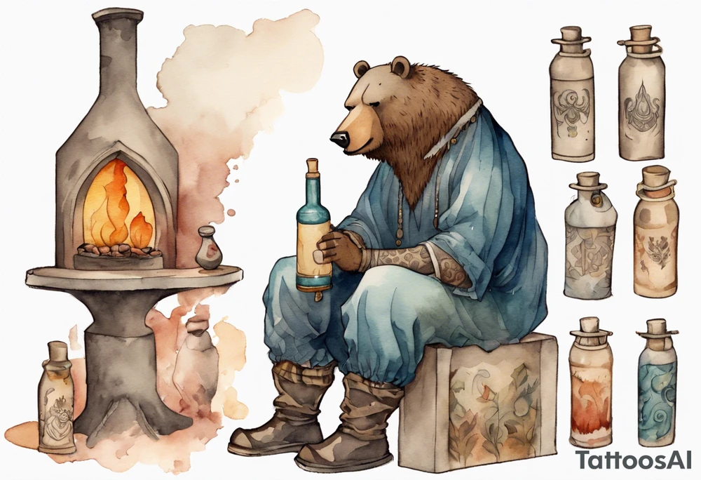a medieval bear-human hybrid with a long beard wearing a tunic and boots, sitting on a stool by a fireplace drinking from a clay bottle tattoo idea