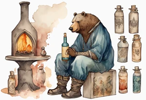 a medieval bear-human hybrid with a long beard wearing a tunic and boots, sitting on a stool by a fireplace drinking from a clay bottle tattoo idea