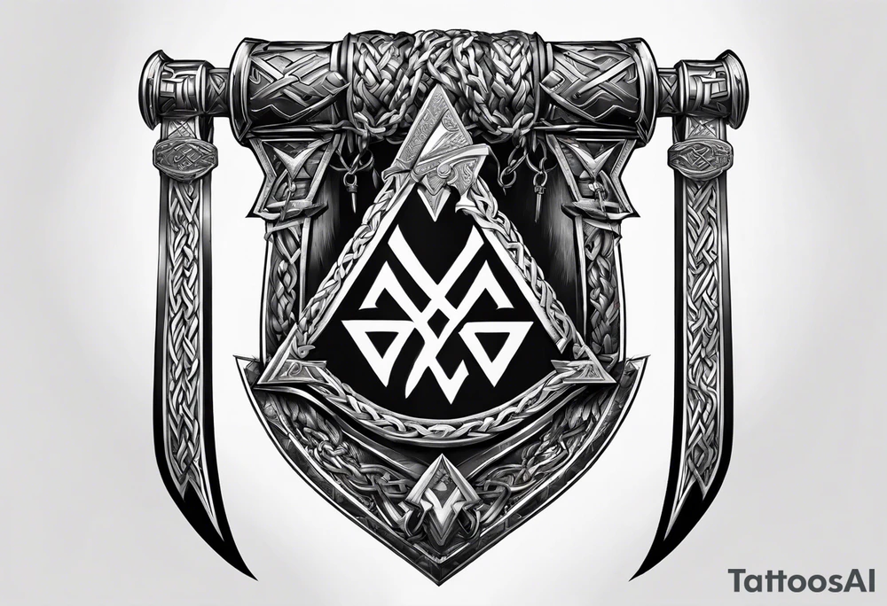 Valhalla sword shield axe Valknut chains tattoo idea