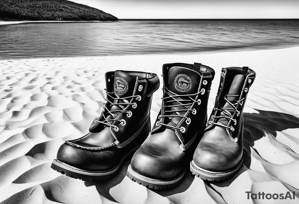 Two flip flops next to a pair of timberland boots on the Beach. ADD a cowboyhat tattoo idea