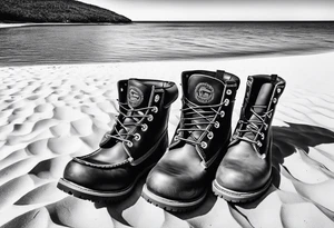 Two flip flops next to a pair of timberland boots on the Beach. ADD a cowboyhat tattoo idea