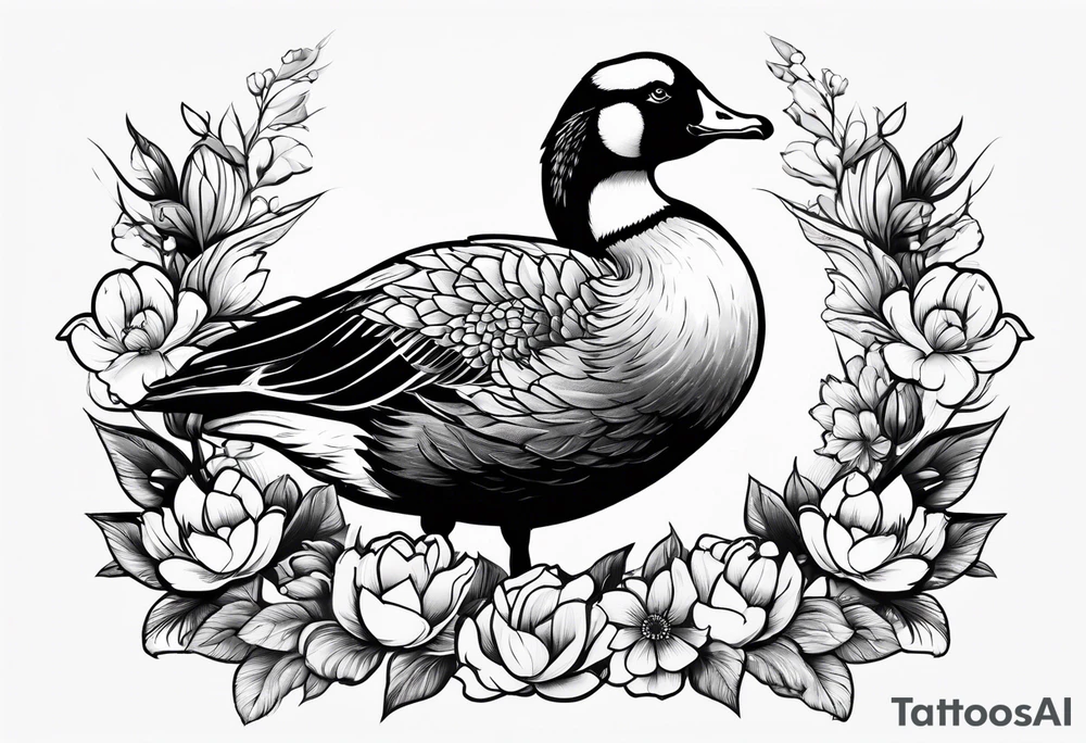 angry goose with flowers at the bottom tattoo idea