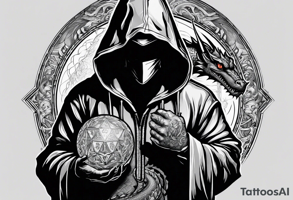 Hooded figure holding a D20 surrounded by a dragon tattoo idea