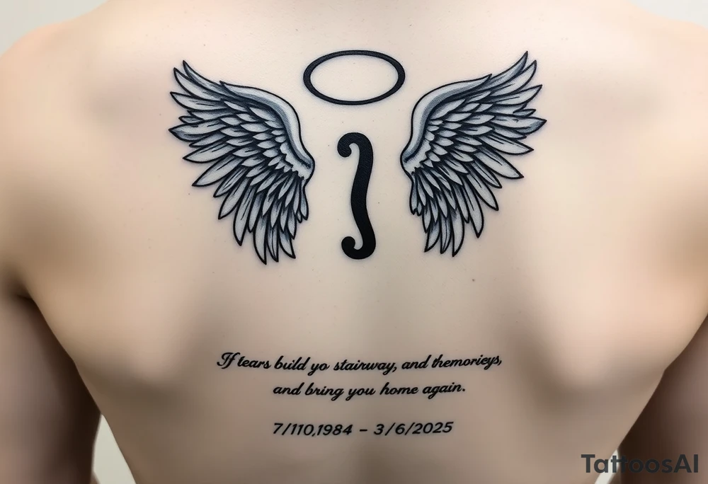 A semicolon intertwined with angel wings and a halo. At the bottom add this quote "If tears could build a stairway, and memories a lane, I'd walk right up to heaven and bring you home again." And also add my mother's name somewhere (Justina Eileen) and these dates 7/10/1984 - 3/6/2025 tattoo idea