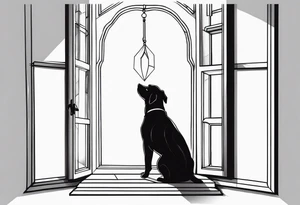dog on floor and looking out tall octagonal window together tattoo idea