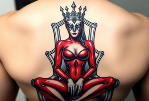 powerful female dominatrix wearing a red latex catsuit and a detailed facemask crown sitting on her throne tattoo idea