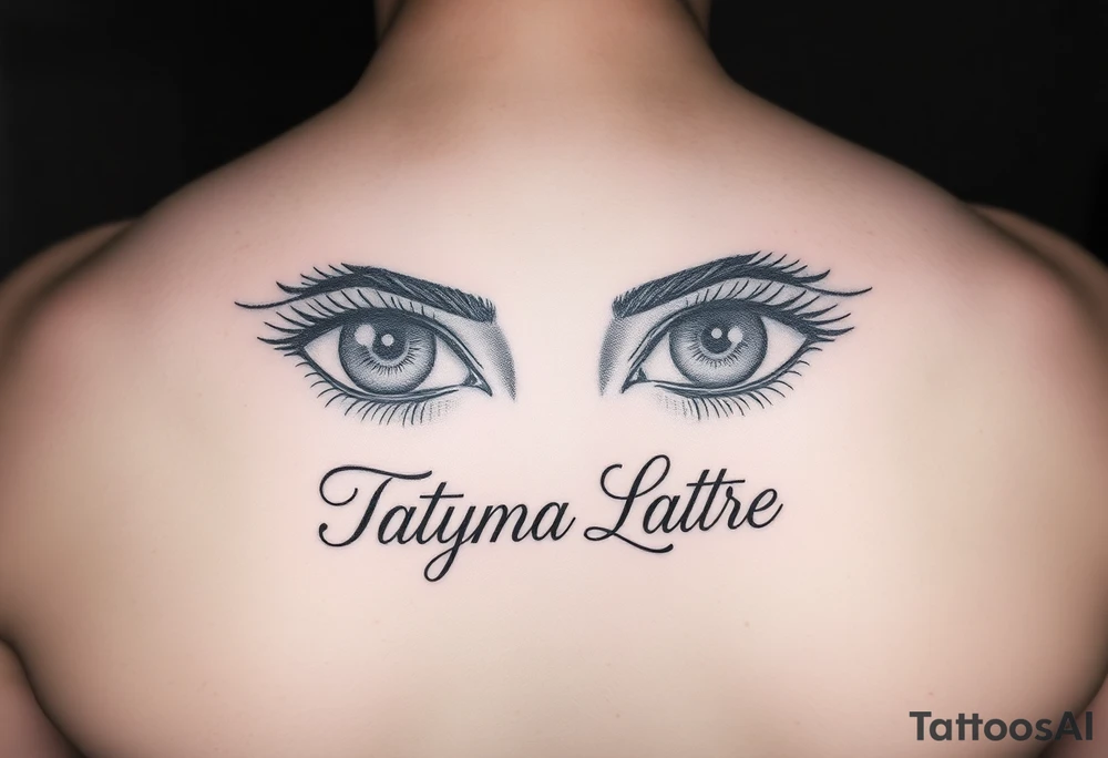 Draw a tattoo of eyes with Tatyana Latre written in fine print script under the eyes tattoo idea