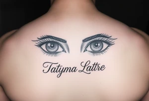 Draw a tattoo of eyes with Tatyana Latre written in fine print script under the eyes tattoo idea