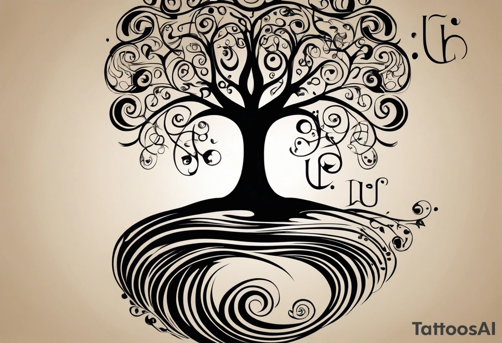 A tattoo design that incorporates the following elements: an abstract tree of life that has roots emerging  from the ground. Waves of water wrap around the tree in a non symmetrical design.  Incorporate musical notes into the tree. the letters U and A are overlapping and engraved into the tree. A golf flag incorporated but not prominent tattoo idea