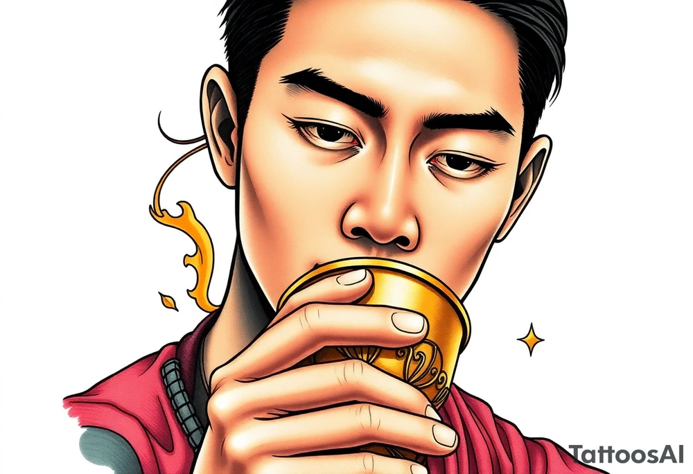 Handsome Asian young guy is drinking from medieval golden cup tattoo idea