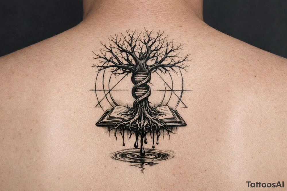 tree with dna spiral for trunk and bare branches, roots sprouting from an open book, water dripping from roots into a puddle, and geometric circles surrounding design tattoo idea