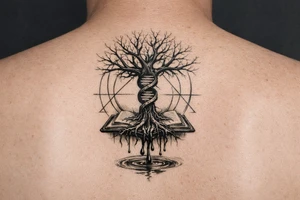 tree with dna spiral for trunk and bare branches, roots sprouting from an open book, water dripping from roots into a puddle, and geometric circles surrounding design tattoo idea