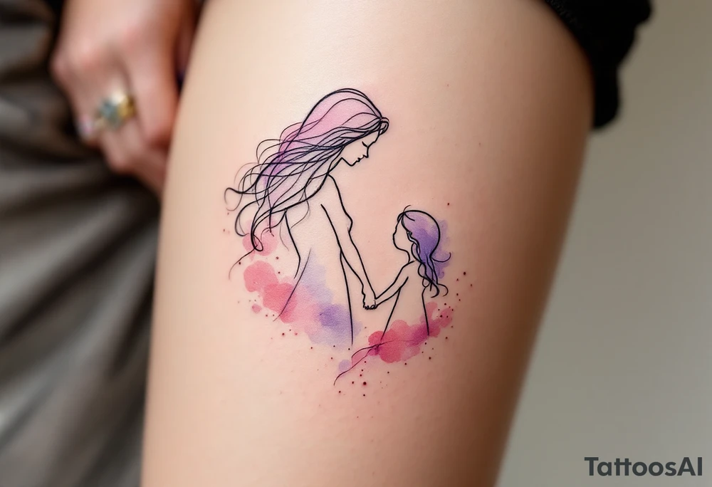 A black fine-line tattoo of a mother and daughter holding hands, with flowing hair blending into soft watercolor shades of pink and lavender. tattoo idea