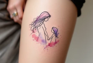 A black fine-line tattoo of a mother and daughter holding hands, with flowing hair blending into soft watercolor shades of pink and lavender. tattoo idea