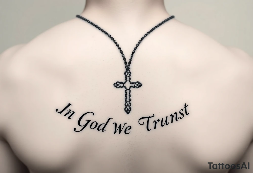 Necklace Rosary surrounded by the words "In God We Trust" tattoo idea