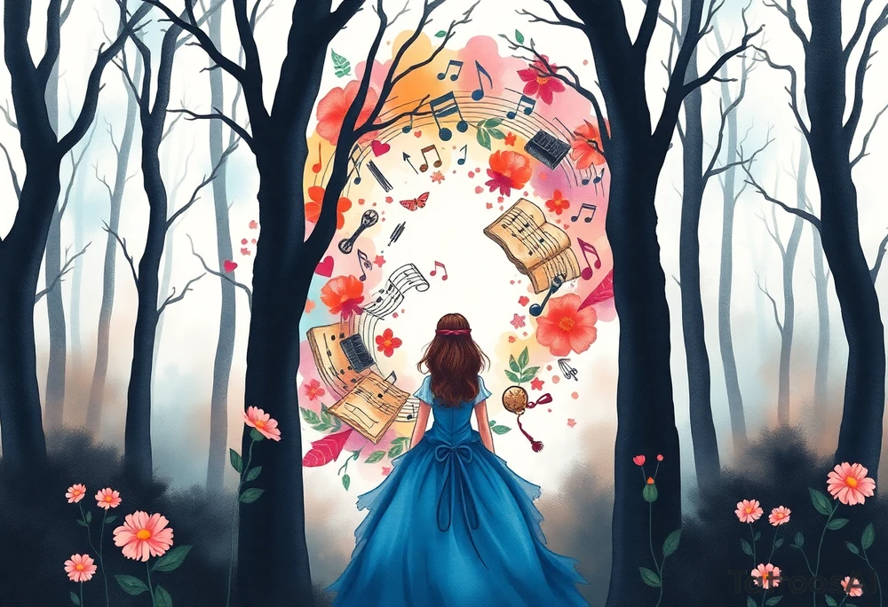 Surreal Back view of the silhouette of a brown hair girl in a blue dress inside a forest. She is following a colorful swirl of music notes, books, and flowers. A pocket watch is at the end of the swirl. tattoo idea