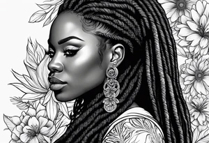 Black woman with long locs side profile and flowers tattoo idea