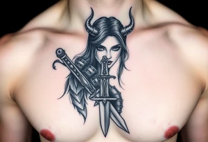 Feminine Tattoo dark female warrior with dagger and realistic horns just barley touching collarbone with a lot of shading tattoo idea