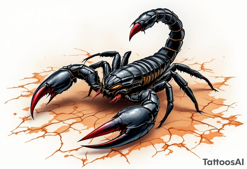 A fierce black scorpion with glossy obsidian armor, tipped with deep crimson on its pincers and venomous stinger, poised in a striking position atop cracked desert sand in shades of golden brown and burnt orange. tattoo idea