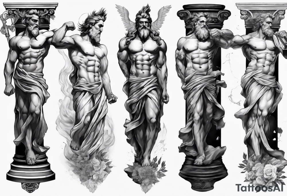 GREEK GOD ZEUS STATUES 
ARM SLEEVE 
REALISTIC tattoo idea