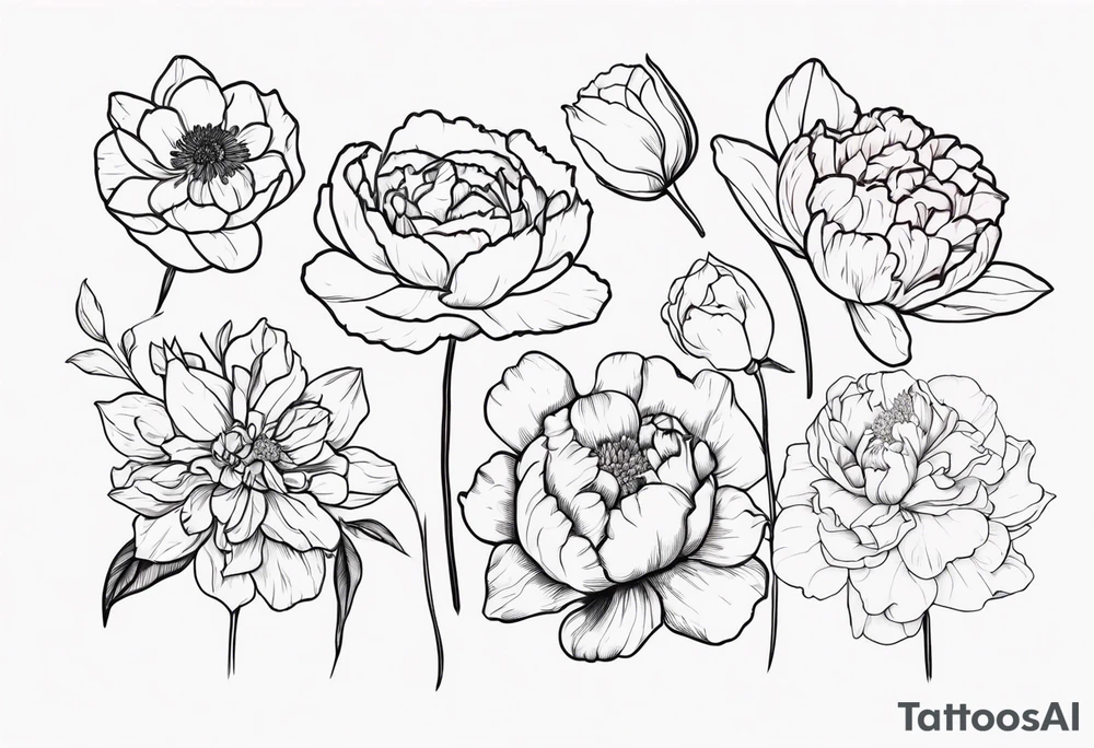 8 flowers peony, carnation, daffodil, daphne, dahlia, desiree, daisy and rose tattoo idea