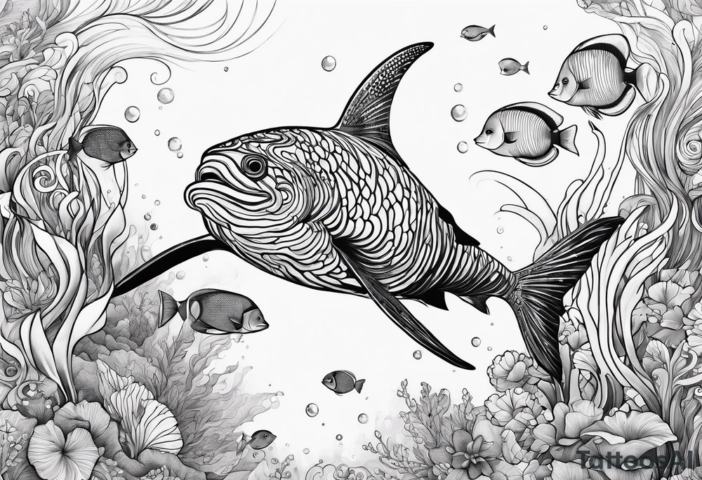 Underwater Sea creatures feminine cascading upwards tattoo idea