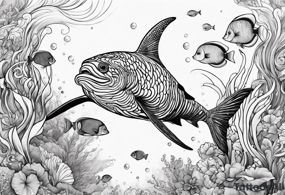 Underwater Sea creatures feminine cascading upwards tattoo idea Underwater Sea creatures feminine cascading upwards tattoo idea